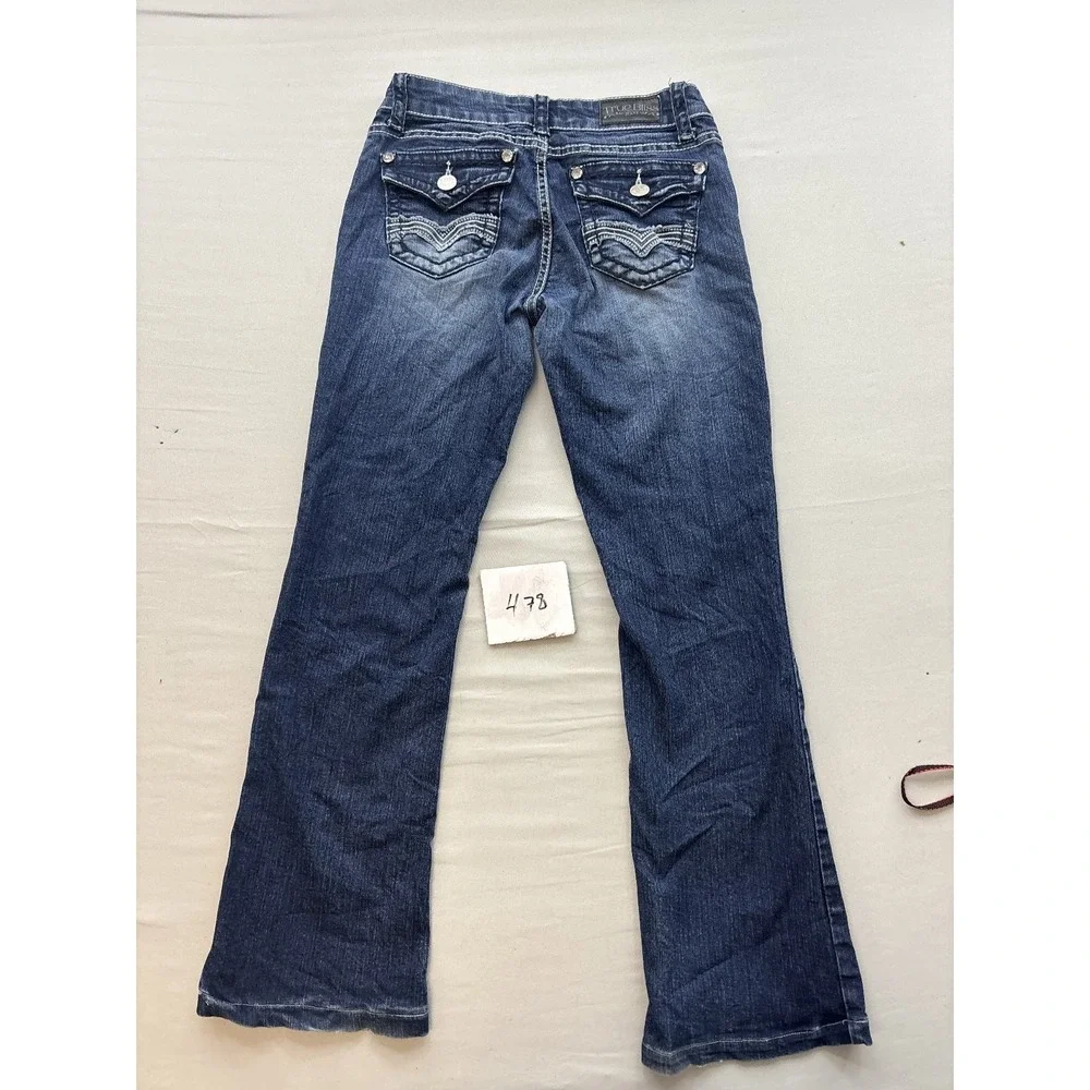 True Bliss Womens Size 3 Low Rise Bootcut Jeans Dark Wash Rhinestone Embroidered